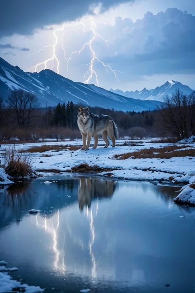 ((Top Quality)), ((Masterpiece)), ((Details)),  blue sky, at noon, strong reflections, bright shade, 

A desolate, icy landscape with ruins scattered across the terrain. A wolf stands in the midst, howling as a powerful lightning bolt strikes the ground, illuminating the scene with a cold, electric light., More Saturation



