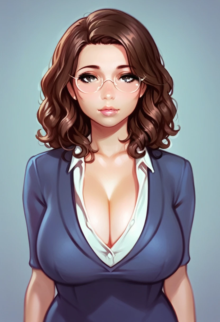 score_9, score_8_up, score_7_up, score_6_up, score_5_up, score_4_up, source_cartoon, rating_safe, 1girl, portrait, torso shot, mature, brown skin, pouty lips, detailed, big breasts, cleavage, teacher's outfit, round glasses, black eyes, curly brown hair
