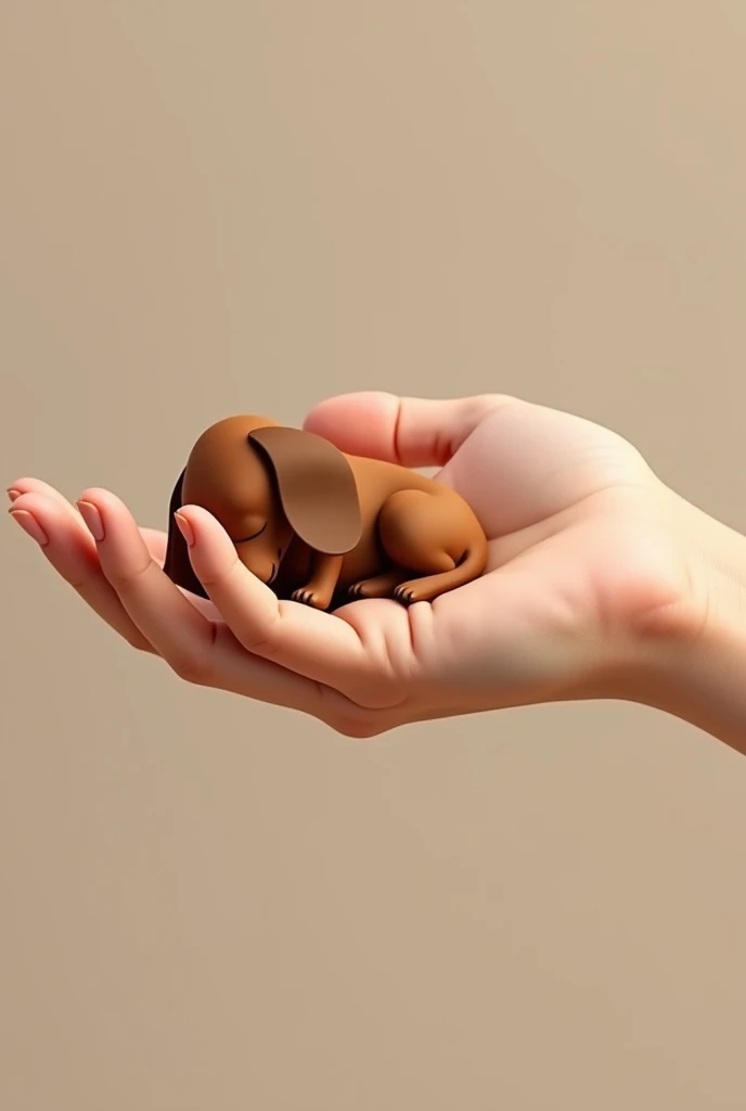 A miniature dachshund resting on the palm of a hand, making a sound when the hand is gently shaken.