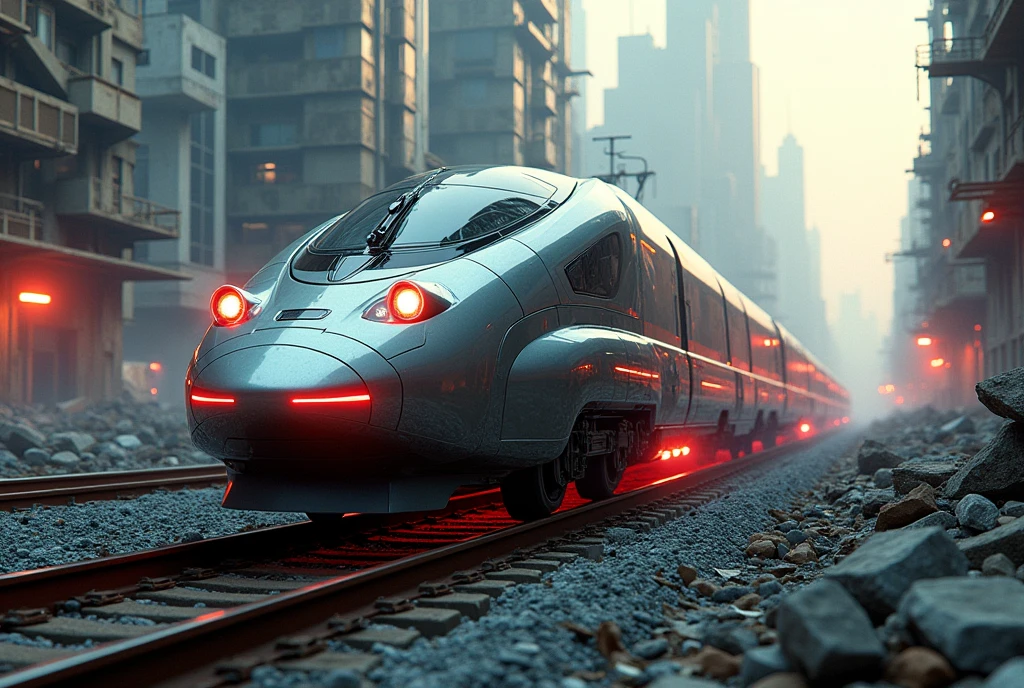 "Generate an ultra-detailed 4k CGI masterpiece (1.2 aspect ratio) featuring a train in a futuristic, post-apocalyptic city. Include (((highly detailed))) elements like ruins, shattered glass, and decaying buildings. Utilize cinematic lighting with chiaroscuro and ray tracing for the (((best quality))). Create a highly atmospheric scene with vibrant colors, dynamic shadows, and reflections. Incorporate futuristic technology, sleek lines, and powerful engines for a (((masterpiece))). Add a sense of danger, speed, and adrenaline rush through motion blur and dynamic perspective. Three related artists are Beeple, Mike Winkelmann, and Vitaly Bulgarov."