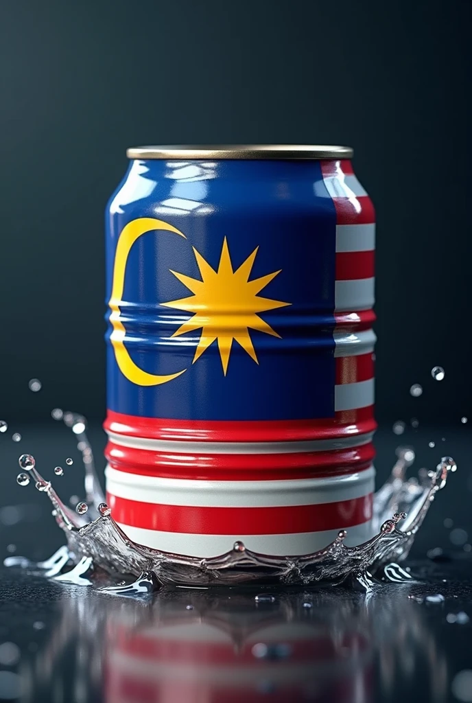 a high quality 3d render of a malaysia flag printed on a tin can, highly detailed, photorealistic, studio lighting, glossy metal surface, vibrant colors, reflection, shadows, depth of field, metallic, shiny, reflective, tin can, cylinder, cylindrical, malaysian flag, national flag, patriotic, patriotism, realistic, photorealistic rendering, 4k, 8k, high resolution, masterpiece, ultra-detailed, physically-based rendering, professional, vivid colors, bokeh Splash water