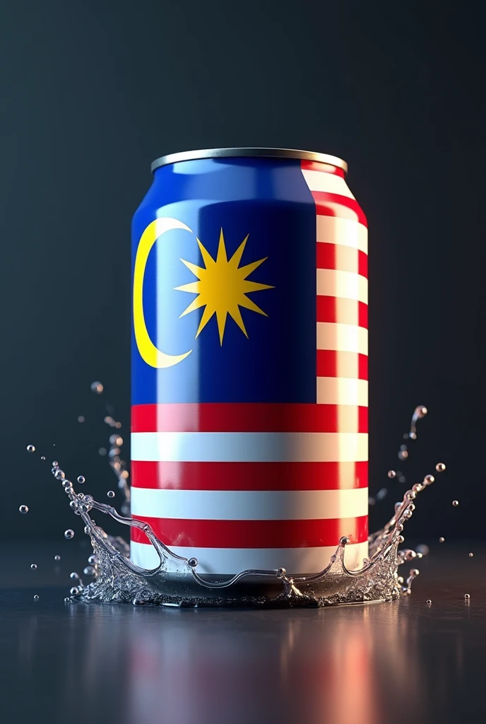 a high quality 3d render of a malaysia flag printed on a tin can, highly detailed, photorealistic, studio lighting, glossy metal surface, vibrant colors, reflection, shadows, depth of field, metallic, shiny, reflective, tin can, cylinder, cylindrical, malaysian flag, national flag, patriotic, patriotism, realistic, photorealistic rendering, 4k, 8k, high resolution, masterpiece, ultra-detailed, physically-based rendering, professional, vivid colors, bokeh Splash water