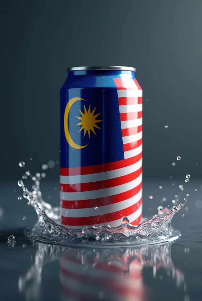 a high quality 3d render of a malaysia flag printed on a tin can, highly detailed, photorealistic, studio lighting, glossy metal surface, vibrant colors, reflection, shadows, depth of field, metallic, shiny, reflective, tin can, cylinder, cylindrical, malaysian flag, national flag, patriotic, patriotism, realistic, photorealistic rendering, 4k, 8k, high resolution, masterpiece, ultra-detailed, physically-based rendering, professional, vivid colors, bokeh Splash water