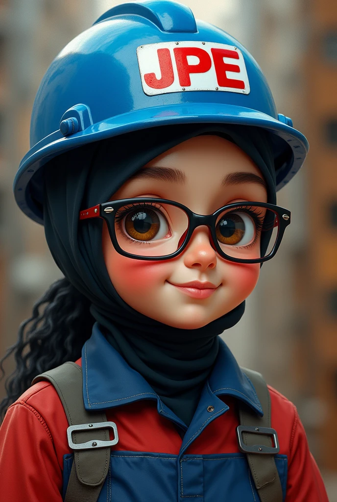 Cute chubby girl with spectacles wearing black hijab. Wearing dark red on top and dark blue on bottom oil and gas coveralls. Wearing blue helmet with JPE logo in re font.