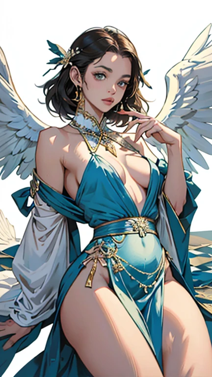 Very beautiful woman angel、Big Wings、 Greek style dress、 Realistic、Face reality、and、Sexy smile、Small breasts、Sexy pose、