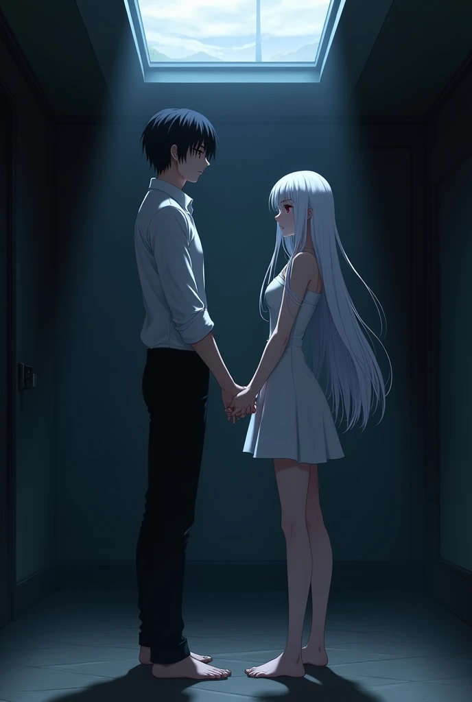 The image is anime style with shadows and dim lights, anime style although somewhat adult and dark, It shows a single adult man of 2 who has black eyes and medium-long black hair as well., He is holding the hand of a 2 adult albino woman who has red eyes, His feet are bare, She has very beautiful feet and strong legs., Her hair is white and very long and she wears a short dress that reaches her knees.. both, both man and woman, He is shown with a determined and serious expression in the middle of a room partially illuminated by a skylight.. 