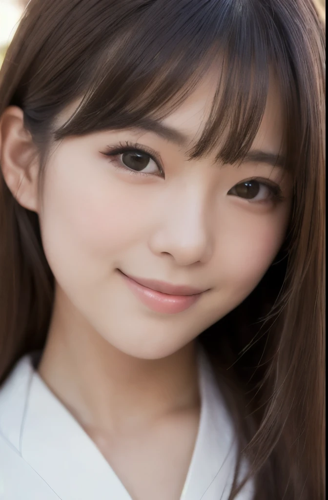 best quality, face focus, soft light, ultra high res, (photorealistic:1.4), RAW photo,(Shinozaki Ai), (fair skin), (kawaii),
1 Japanese girl, solo, cute, smile, (pupil, lights in the eyes),  detailed beautiful face, Medium-sized breasts,(high resolution detail of human skin texture),(long hair),(portrait), upper body, white traditional kimono