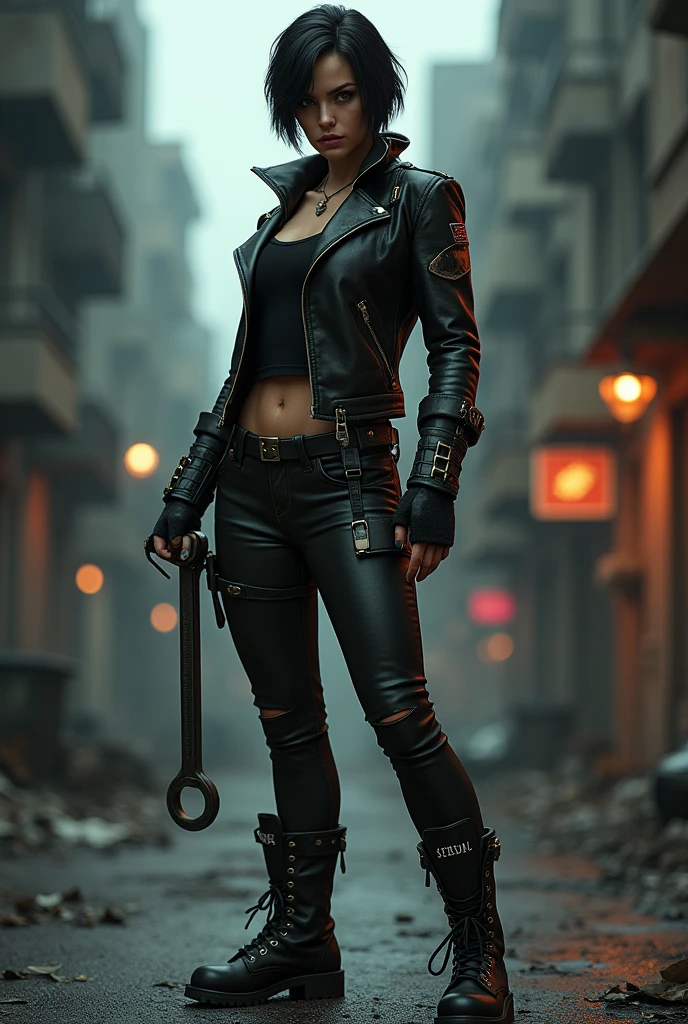 A butch henchwoman, muscular build, short dark hair, intense gaze, leather jacket, fingerless gloves, combat boots, holding a large wrench, in a gritty urban setting, dystopian cityscape, dark moody lighting, cinematic angle, hyper detailed, 8k, photorealistic, dramatic shadows, powerful presence