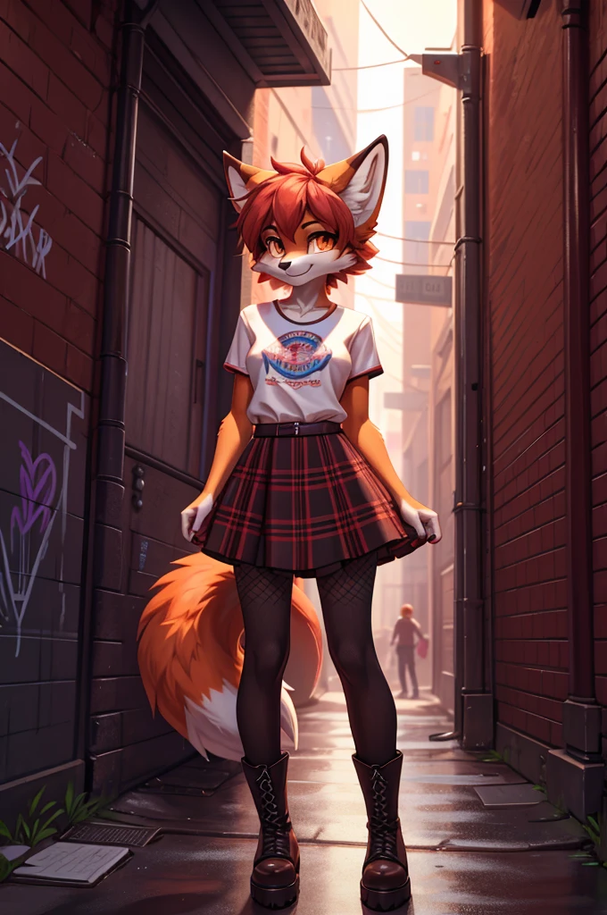 Beautiful, (masterpiece), high quality, perfect lighting, Highly detailed CG Unity 8k wallpaper, High resolution, perfect lighting, youthful, tall, slim, skinny, frail slender figure, slim legs, distinctly feminine figure, narrow hips, long legs, huge plump breasts, Anthropomorphic fox character, CG Unity, youthful, tall, slim, beautiful feminine figure, narrow hips, fluffy fuzzy volumetric fiery red fur, wearing a bold, eclectic outfit—vintage band tee, high-waisted plaid skirt, fishnet tights, chunky boots, short choppy hair with one side shaved, playful smirk, bright amber eyes staring directly into the lens, her hands cupping her cheeks as she leans forward, tail flicking with mischievous energy, graffiti-covered alley in the background, cheeky and captivating, drawing the viewer into her playful world.