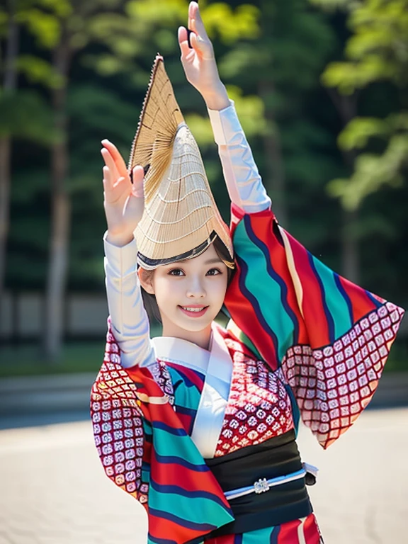 Photo-realistic quality、20 year old Japanese woman dancing Awa Odori dance in traditional Japanese kimono, Traditional Bon Odori costumes based on white,  Traditional attire, Japanese model, Cute playful pose of the dancer, Wearing a straw hat,  Beautiful images, Traditional Costume、looking at the camera、Detailed and beautiful eyes、Cute smile、A soft and gentle look