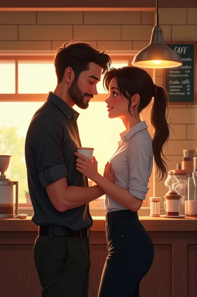 Make a image. In a work at cafe a barista boy wearing black shirt pant a little bit healthy boy with beard and a steward captain girl wearing a white shirt and black pant fall in Love which each other in doing job
