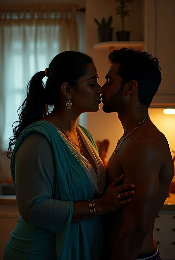 photo of Voluptuous Mature Indian Aunty with dusky skin, wearing tight Sky blue Kurti and White stole around her throat, showing her large U cut Cleavage, Hair Tied behind,Standing in Kitchen turning her head and Kissing a Slim Young boy, Dim Night light in the room.