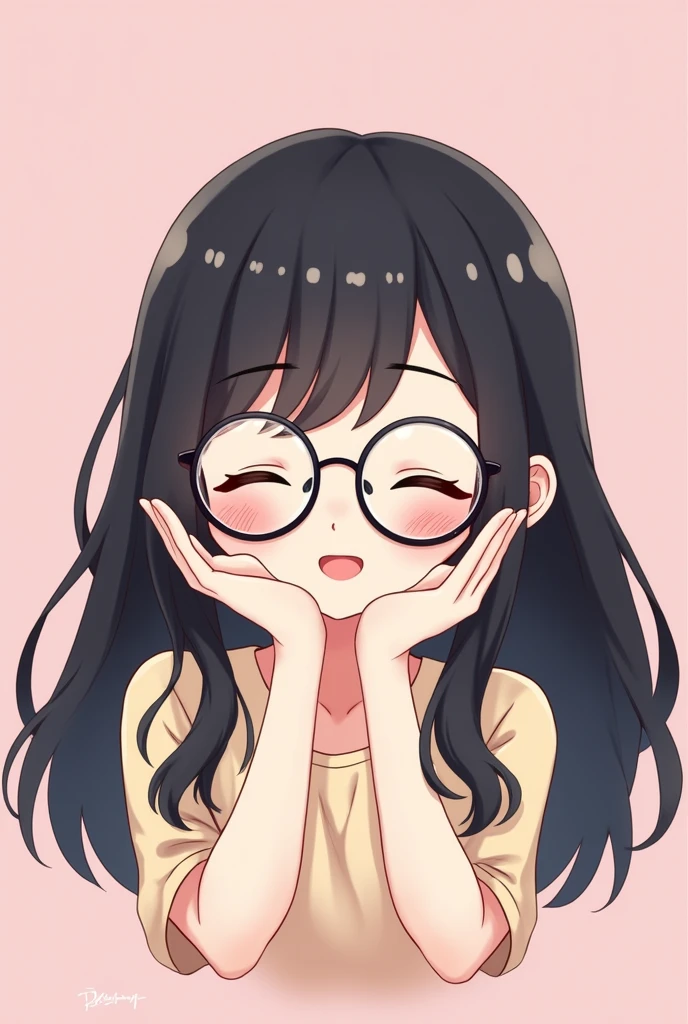 a cute female character, in chibi style, long black hair with bangs, with round black glasses, Caucasian skin, making a V with your hands and smiling cutely, with eyes closed, just the character's face on a pastel pink background