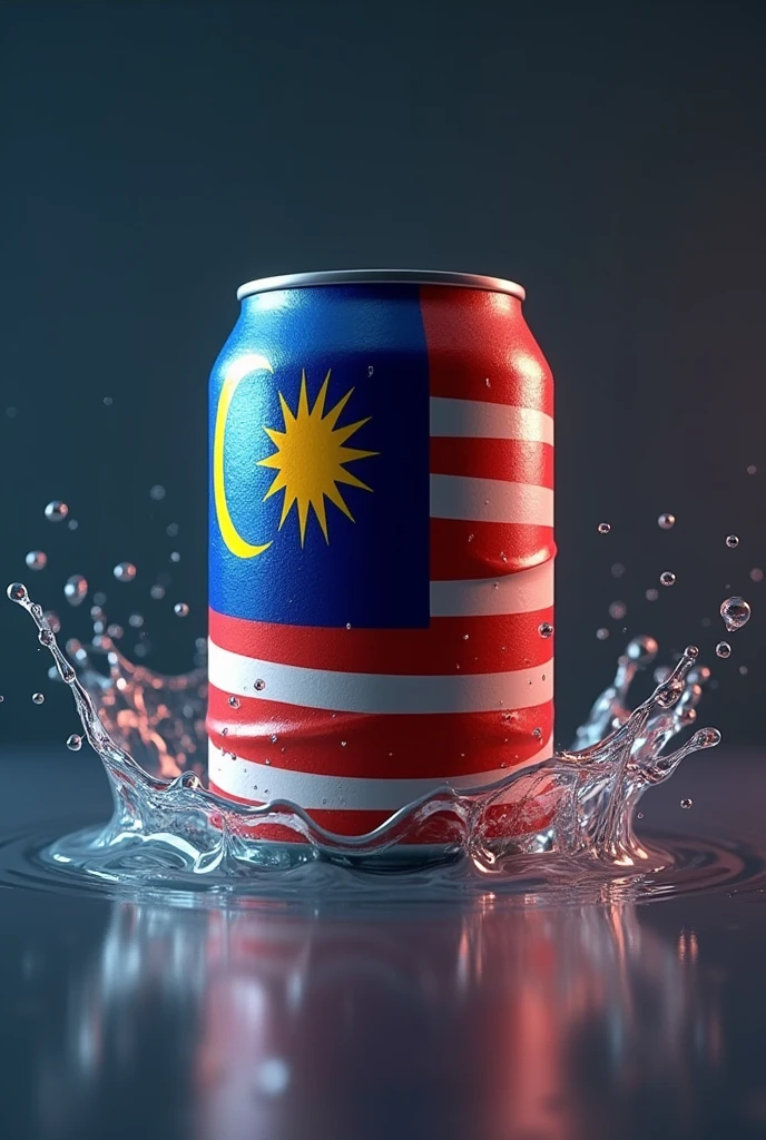 a high quality 3d render of a malaysia flag printed on a tin can, highly detailed, photorealistic, studio lighting, glossy metal surface, vibrant colors, reflection, shadows, depth of field, metallic, shiny, reflective, tin can, cylinder, cylindrical, malaysian flag, national flag, patriotic, patriotism, realistic, photorealistic rendering, 4k, 8k, high resolution, masterpiece, ultra-detailed, physically-based rendering, professional, vivid colors, bokeh Splash water