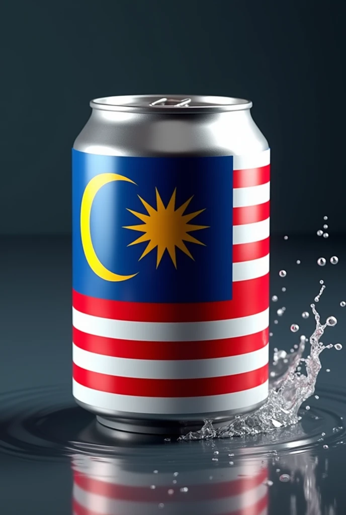 a high quality 3d render of a malaysia flag printed on a tin can, highly detailed, photorealistic, studio lighting, glossy metal surface, vibrant colors, reflection, shadows, depth of field, metallic, shiny, reflective, tin can, cylinder, cylindrical, malaysian flag, national flag, patriotic, patriotism, realistic, photorealistic rendering, 4k, 8k, high resolution, masterpiece, ultra-detailed, physically-based rendering, professional, vivid colors, bokeh Splash water