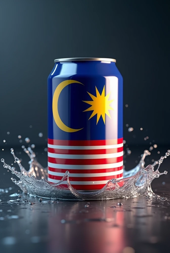 a high quality 3d render of a malaysia flag printed on a tin can, highly detailed, photorealistic, studio lighting, glossy metal surface, vibrant colors, reflection, shadows, depth of field, metallic, shiny, reflective, tin can, cylinder, cylindrical, malaysian flag, national flag, patriotic, patriotism, realistic, photorealistic rendering, 4k, 8k, high resolution, masterpiece, ultra-detailed, physically-based rendering, professional, vivid colors, bokeh Splash water