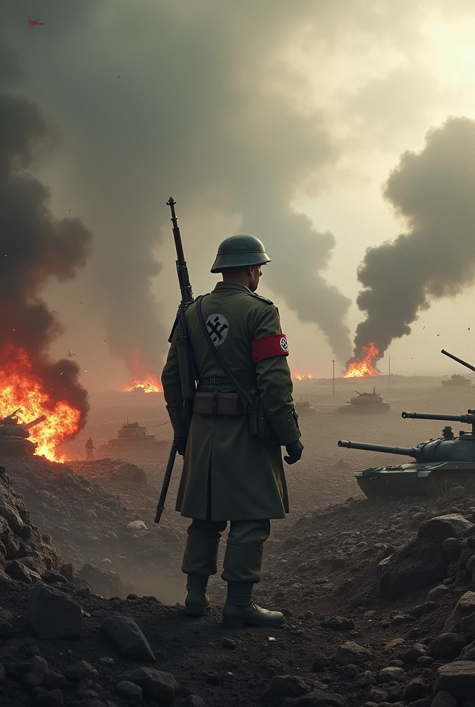 Nazi soldier and other 100000 soldiers fighting and shooting war field backround war tankers and bomb blast