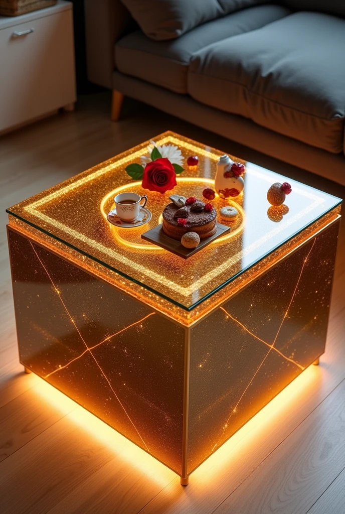 Small square coffee table, perfect for serving coffee, handcrafted with a two-way mirror glass top, creates a stunning visual effect resembling an endless deep tunnel, lit from within by warm orange LED lighting. The sides are covered in an epoxy layer interspersed with shiny gold stripes, with the addition of a shiny gold stripe extending around the entire sides to add an extra touch of luxury and a modern look.. Gold stripes intertwine with the epoxy and complete the stunning artistic design.. The table is decorated with simple decorations such as golden swags, small flowers, a cake, nuts, a red rose, and a tea cup.. The table is placed on a light-coloured wooden floor, enhancing the contrast between modern design and classic luxury.. The table combines elegance and simplicity, making it a distinctive piece of art in any room or living room..