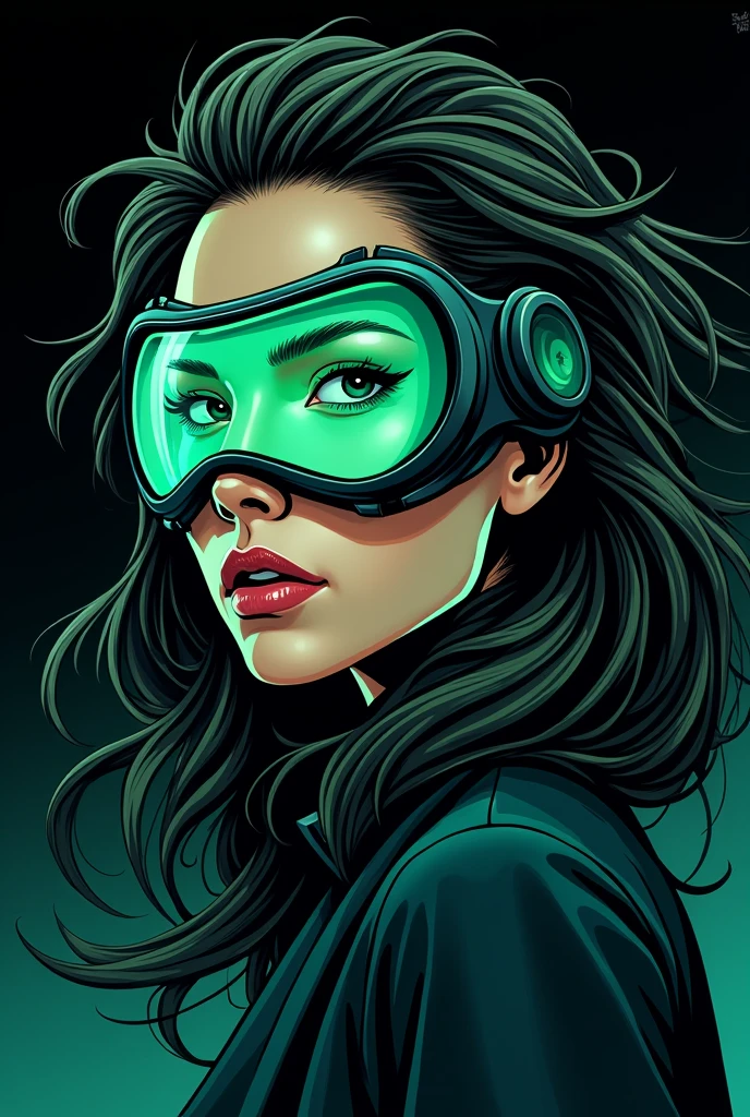 Industrial Woman face,wearing half face mask,green an blue outlines,black Background,Long Hair in Wind, mystical ,cartoon