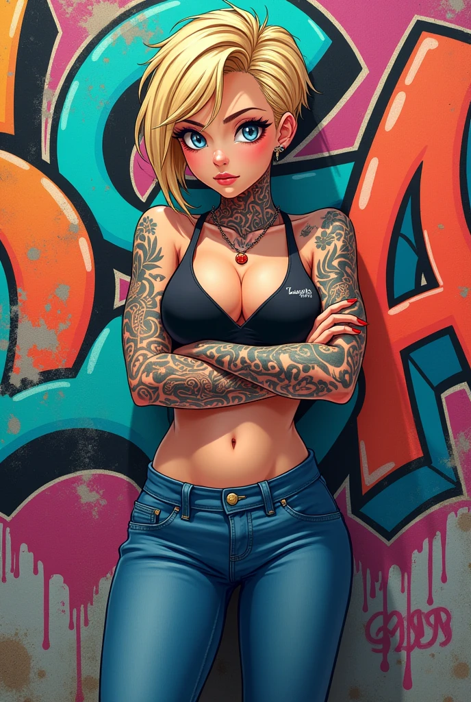 masterpiece, best quality, 1girl, solo, crop top, ((cleavage:1.3)), denim shorts, choker, (graffiti:1.5), paint splatter, arms behind back, against wall, looking at viewer, armband, thigh strap, paint on body, head tilt, bored, multicolored hair, aqua eyes, headset, peepshow, nipslip