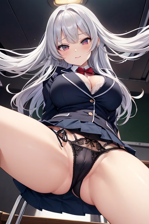 (((Spread your legs、Lace panties、Shooting from below))、(((Accentuate the crotch)))、Highest quality, 8k, masterpiece :1.3)), whole body, Sharp focus :One Girl,Glowing Skin,SSexy pose,Highest quality,Tabletop,shape,Very delicate and beautiful,Hmph,8k壁紙,wonderful,In detail,Official Art,Very detailedなティッカーUnity 8k壁紙,Incredibly ridiculous,Large file size,Very detailedな,High resolution,Very detailed,Beautiful detailed,Realistic,X-ray,The queue is full,(((Uniform Blazer、mini skirt)))、(((Big Breasts、Silver Hair)))、(((School、classroom)))、Stand upright、Cleavage , ((Long silver hair))、Uniform Blazer、Sexy pose、Hairstyle: Long Hair、both hands、Wearing high socks