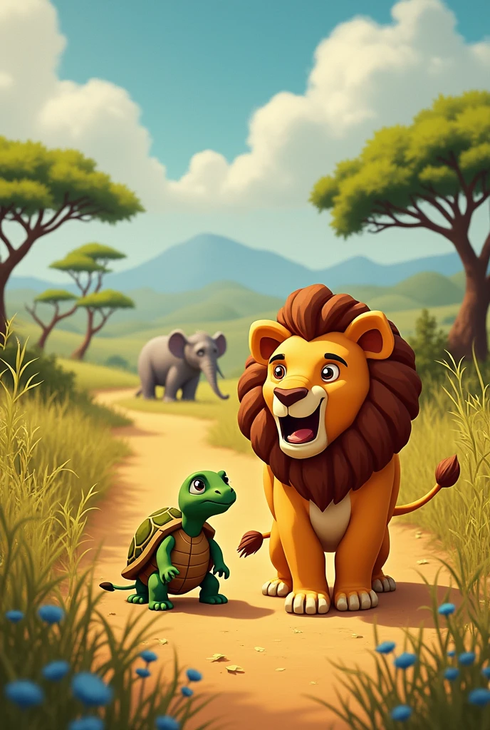 Tilly the tortoise  thought for a moment, then smiled. I and said tto the lion “Maybe your roar just needs a little help to come back. Let’s go on an adventure to find it!”Leo wasn’t sure how to find a lost roar, but he trusted Tilly. So, they set off together across the savannah. First, they visited Ella the Elephant, who was known for her loud trumpet sound.