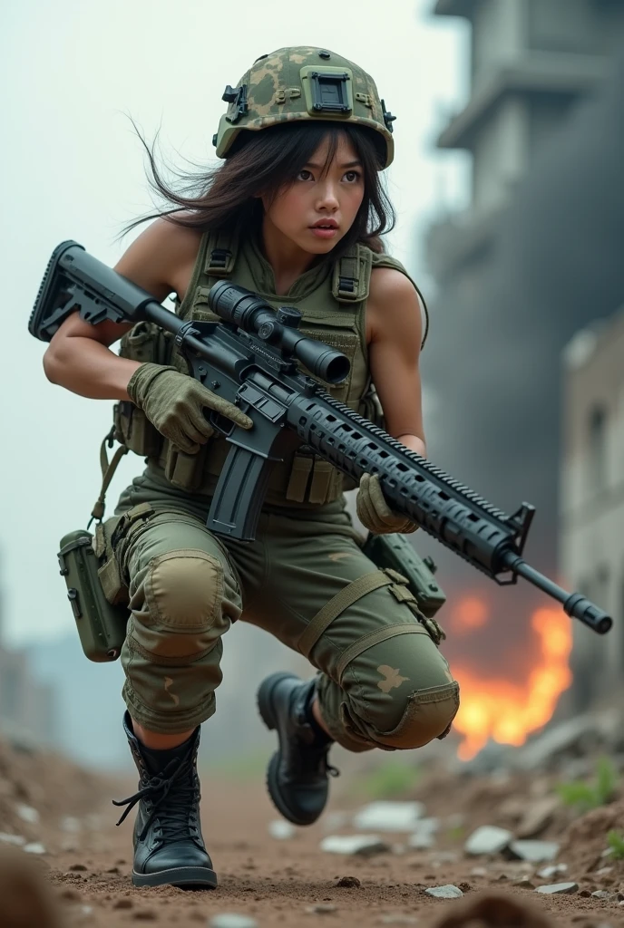 Photo-realistic, ultra-realistic, very beautiful Japanese, famous Japanese idol, (Fully equipped for battle:1.5), holding m4a1 large assault rifle, (amazing view of A building destroyed by a missile explosion:1), (she is very scared and crying:1), (wearing an army soldier's Camouflage outfits with military helmet:1.5), (at a battle field of Abandoned Building at night), very large breasts, (tactical vest, military harness:1.3), (military long boots:1), acrobatic pose, Fighting urban warfare,