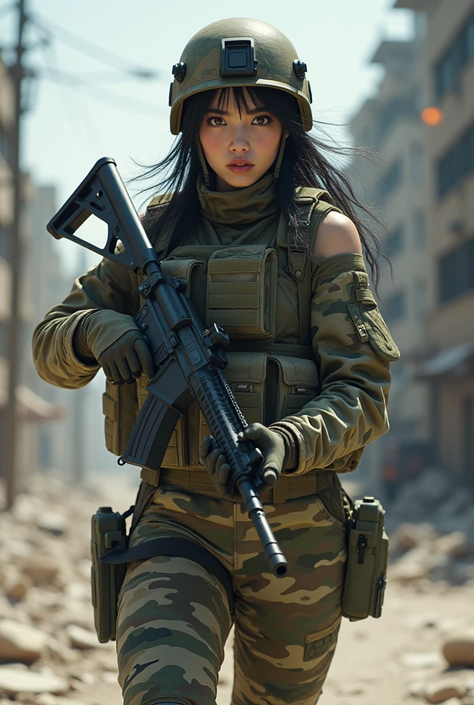 Photo-realistic, ultra-realistic, very beautiful Japanese, famous Japanese idol, (Fully equipped for battle:1.5), holding m4a1 large assault rifle, (amazing view of A building destroyed by a missile explosion:1), (she is very scared and crying:1), (wearing an army soldier's Camouflage outfits with military helmet:1.5), (at a battle field of Abandoned Building at night), very large breasts, (tactical vest, military harness:1.3), (military long boots:1), acrobatic pose, Fighting urban warfare,