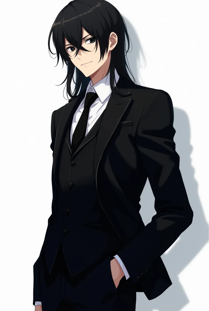 Ideal male anime with black eyes and long back hair and black suit and white background with Full body photo