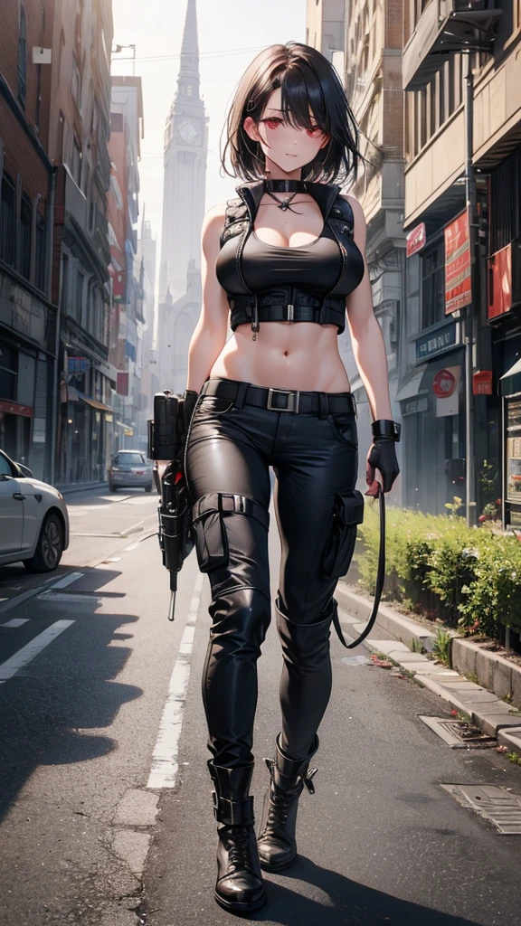 4K resolution,((Highest quality)),Ultra-high resolution,Adult women, alone, sexy, (Grim face), (Light red eyes), Beautiful and symmetrical face, (Medium black hair),Combat Vest,cargo pants,Realistic:1.4,Realistic:1.4,(masterpiece:1.2),Perfect Eyes,Perfect Eyes,Ample breasts,Muscular and toned body,Perfect Legs,Abandoned warehouse,Holding a gun