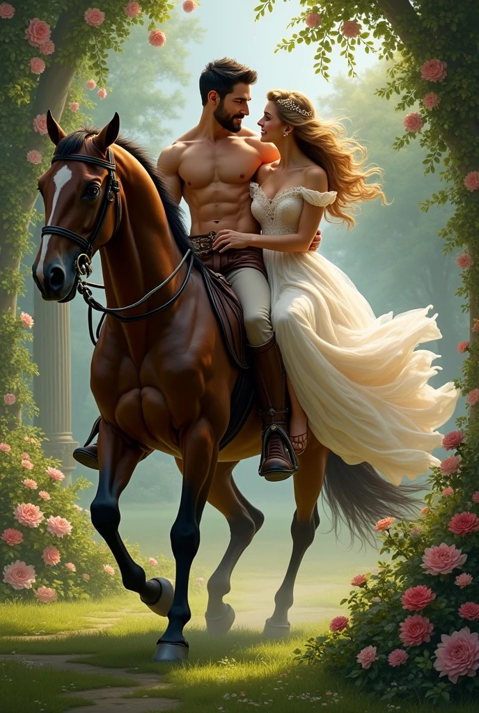 Men has with no clothes and good body in the graden and Horseback riding with butiful princes has big noun