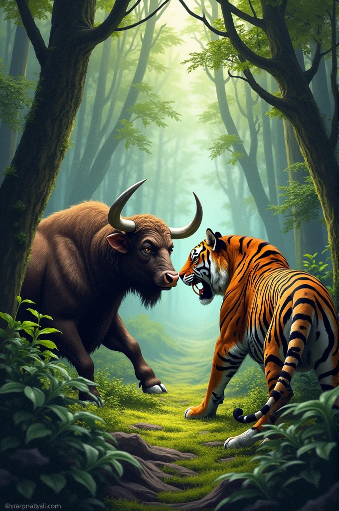 stippling art style, bull and tiger in the forest