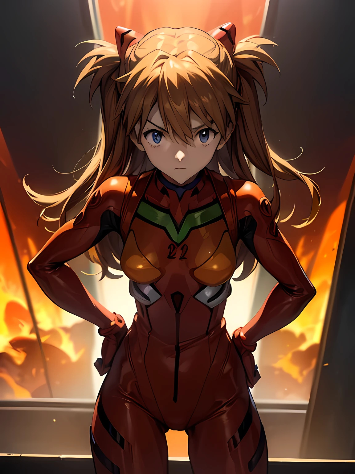 Standing with hands on hips and legs apart in a miniature diorama-style town, ultra-detailed, illustration, super cute, Beautiful Face, Beautiful body, ((souryuu asuka langley, interface headset, red bodysuit:1.4, Orange-brown hair)), glowing eyes, Sparkling Eyes, (beautiful and detailed eyes:1.1), whole body, Front blur, The background is Burning phoenix, [[delicate fingers and hands:0.55]::0.85],(detail fingers), (Toon Shader Rendering), ((masterpiece, best quality, high resolution))