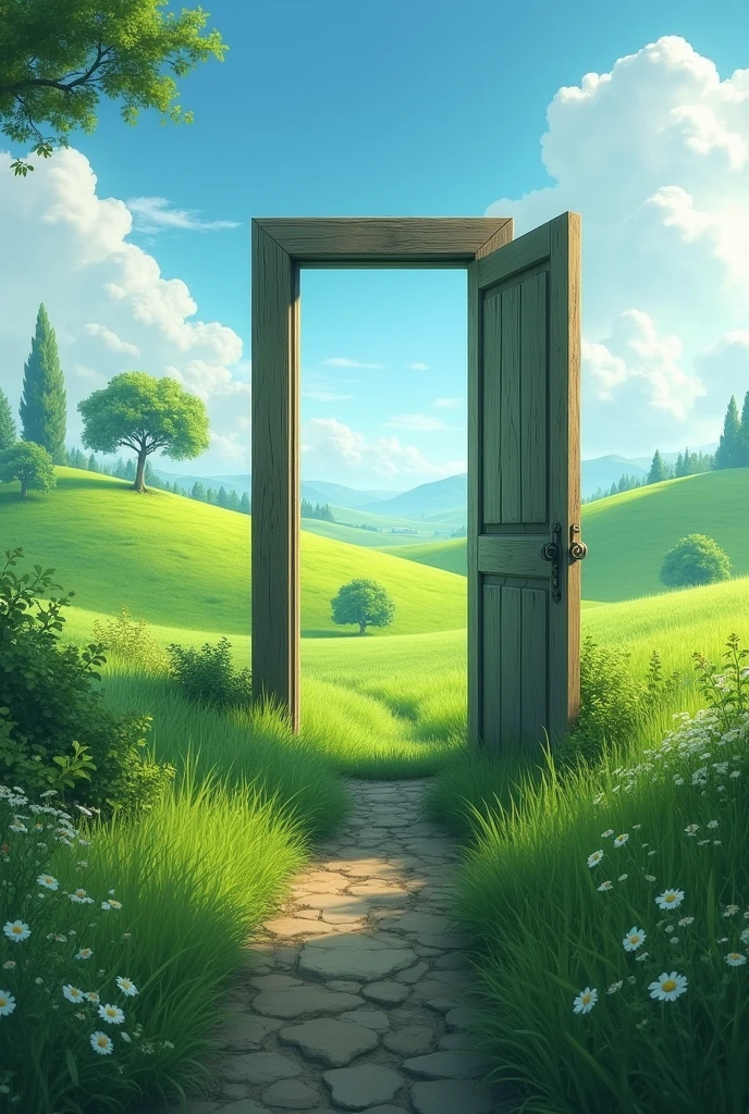 amidst a verdant landscape, where emerald fields meet the azure sky, Door open、Door is up