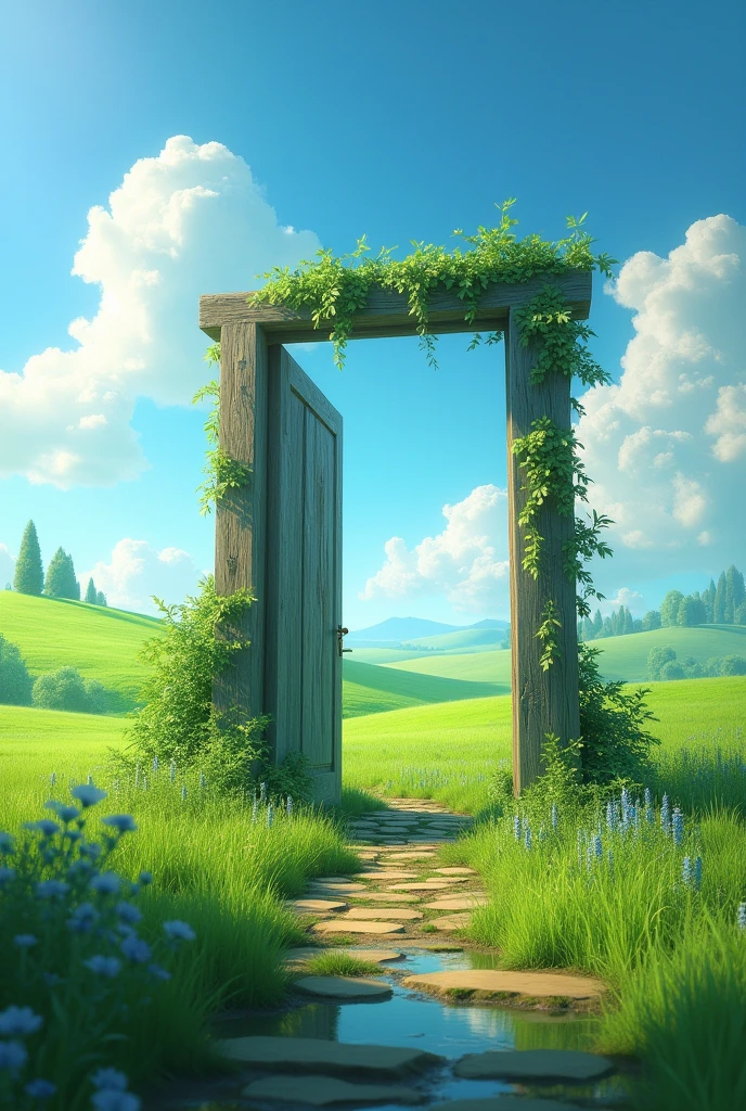 amidst a verdant landscape, where emerald fields meet the azure sky, Door open、Door is up