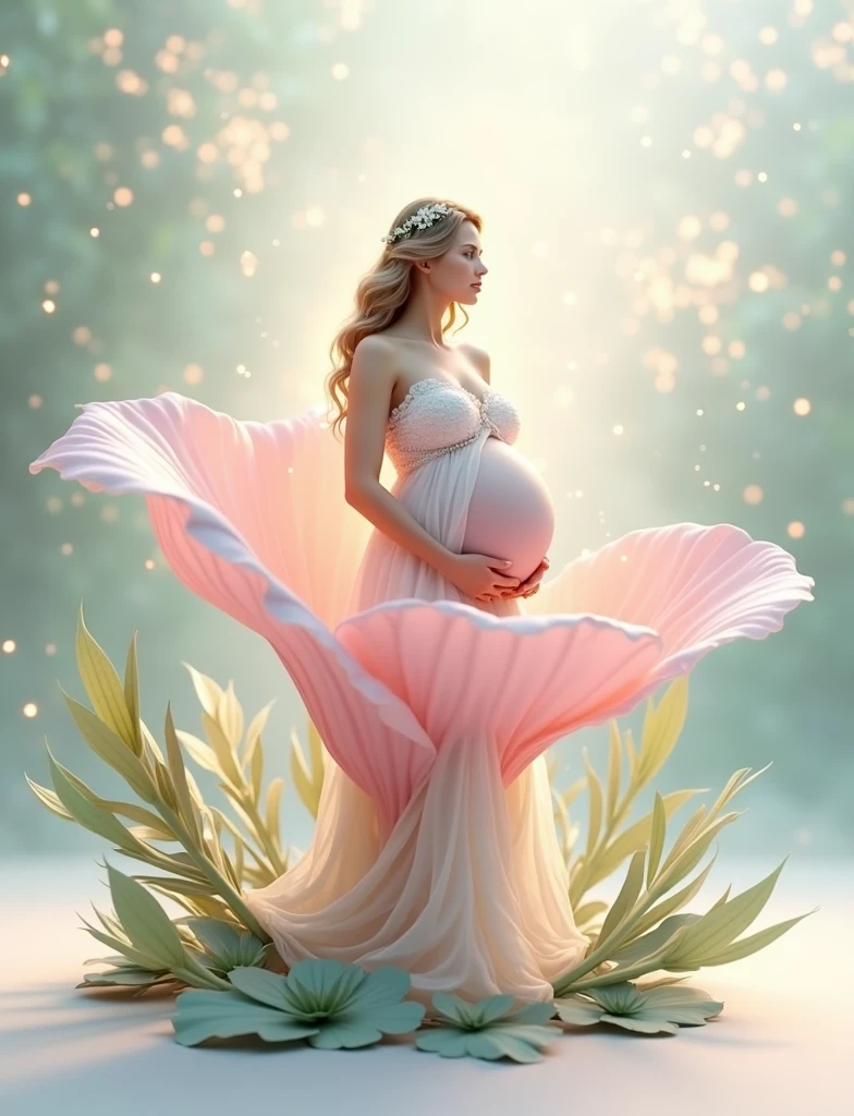 pregnant woman in green standing in a large flower, digital art inspired by Igor Kieryluk, trending on cg society, digital art, maternal photography 4 k, perky woman made of petals, pregnant belly, stunning elegant pose, flower goddess, lady with glowing flowers dress, maternity feeling, dressed in a flower dress, photo manipulation, beautiful and graceful, pregnant, leaf flowing in air