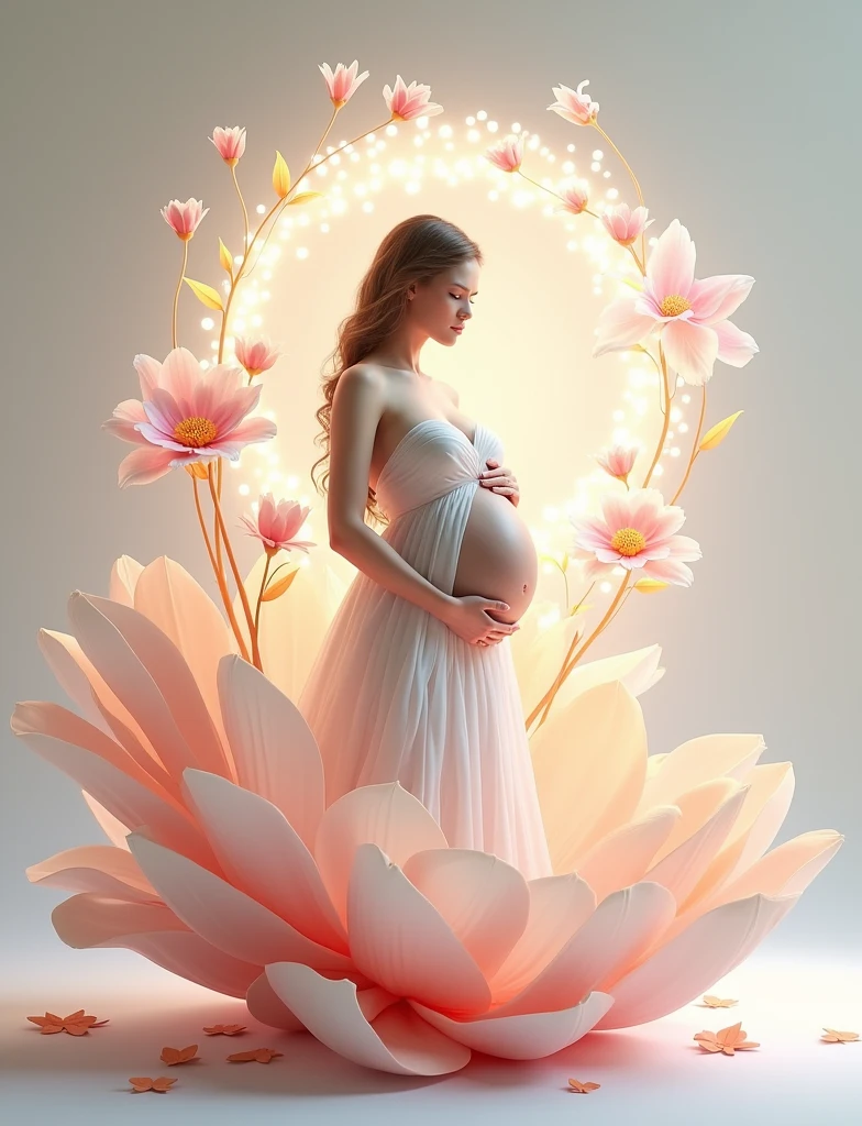 pregnant woman in green standing in a large flower, digital art inspired by Igor Kieryluk, trending on cg society, digital art, maternal photography 4 k, perky woman made of petals, pregnant belly, stunning elegant pose, flower goddess, lady with glowing flowers dress, maternity feeling, dressed in a flower dress, photo manipulation, beautiful and graceful, pregnant, leaf flowing in air