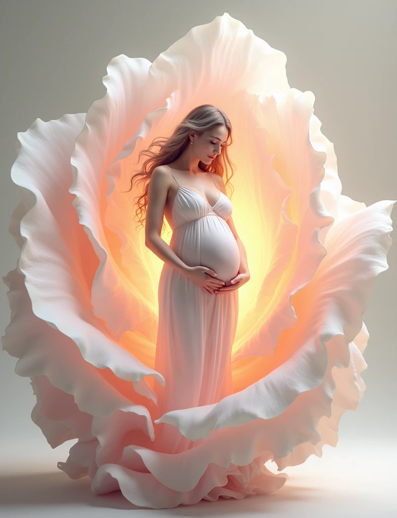 pregnant woman in green  standing in a large flower, digital art inspired by Igor Kieryluk, trending on cg society, digital art, maternal photography 4 k, perky woman made of petals, pregnant belly, stunning elegant pose, flower goddess, lady with glowing flowers dress, maternity feeling, dressed in a flower dress, photo manipulation, beautiful and graceful, pregnant, leaf flowing in air