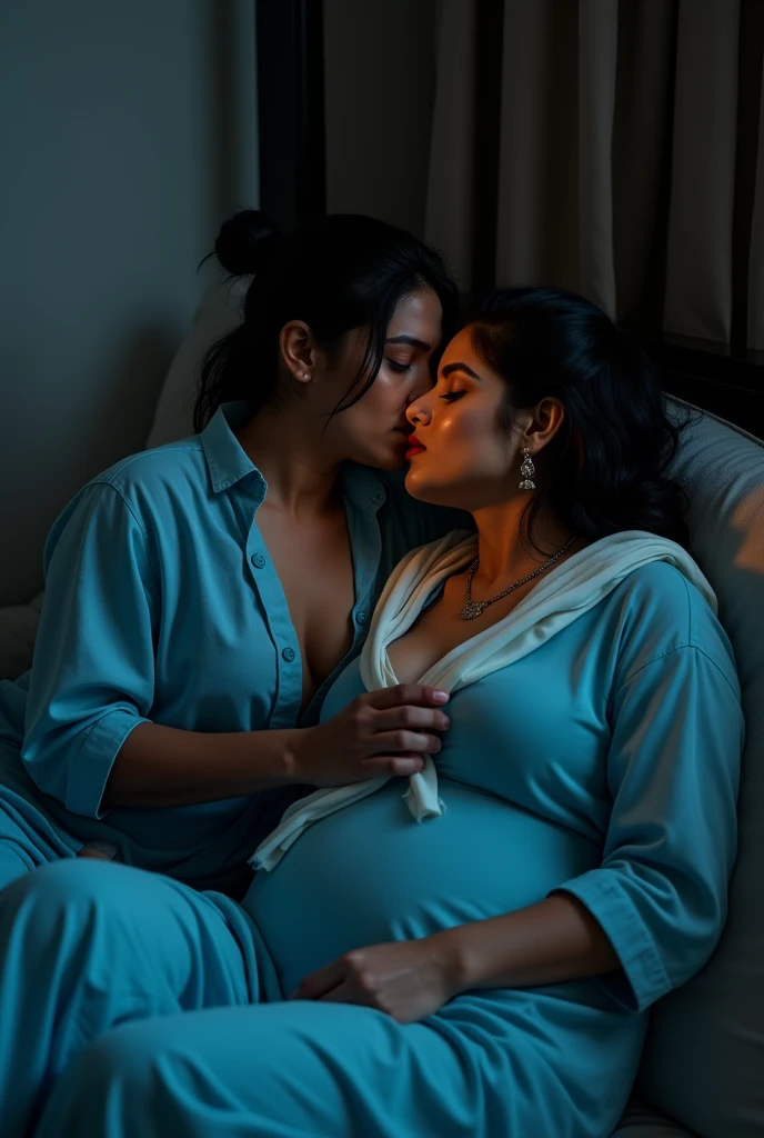 photo of Voluptuous Mature Indian Aunty with dusky skin, wearing tight Sky blue Kurti and White stole around her throat, showing her large U cut Cleavage, Hair Tied behind,Sitting on bed turning her head and Kissing a Slim Young boy, Dim Night light in the room.