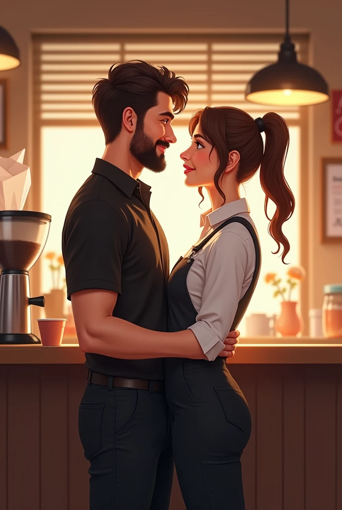 Make a image. In a work at cafe a barista boy wearing black shirt pant a little bit healthy boy with beard and a steward captain girl wearing a white shirt and black pant fall in Love which each other in doing job both are little fat