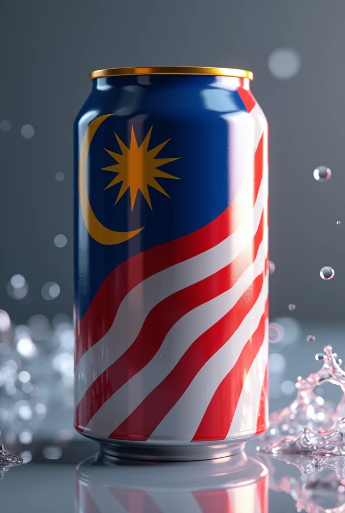 a high quality 3d render of a malaysia flag printed on a tin can, highly detailed, photorealistic, studio lighting, glossy metal surface, vibrant colors, reflection, shadows, depth of field, metallic, shiny, reflective, tin can, cylinder, cylindrical, malaysian flag, national flag, patriotic, patriotism, realistic, photorealistic rendering, 4k, 8k, high resolution, masterpiece, ultra-detailed, physically-based rendering, professional, vivid colors, bokeh Splash water color blue ,red, white ,yellow.