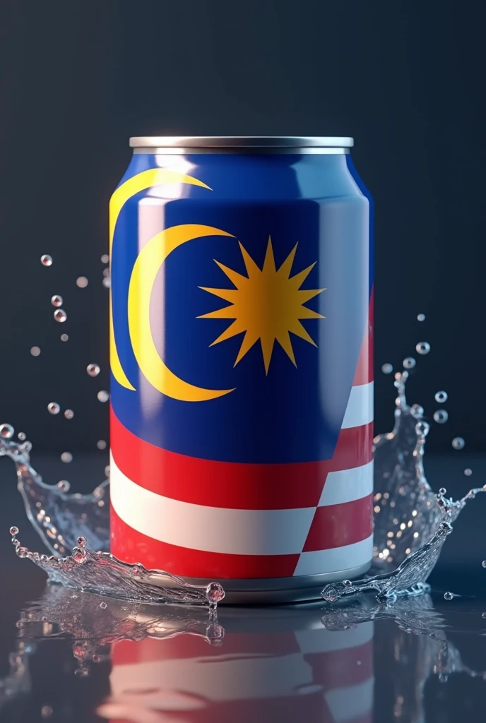 a high quality 3d render of a malaysia flag printed on a tin can, highly detailed, photorealistic, studio lighting, glossy metal surface, vibrant colors, reflection, shadows, depth of field, metallic, shiny, reflective, tin can, cylinder, cylindrical, malaysian flag, national flag, patriotic, patriotism, realistic, photorealistic rendering, 4k, 8k, high resolution, masterpiece, ultra-detailed, physically-based rendering, professional, vivid colors, bokeh Splash water color blue ,red, white ,yellow.