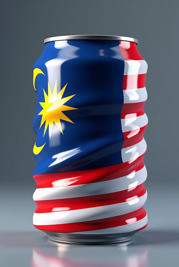 a high quality 3d render of a malaysia flag printed on a tin can, highly detailed, photorealistic, studio lighting, glossy metal surface, vibrant colors, reflection, shadows, depth of field, metallic, shiny, reflective, tin can, cylinder, cylindrical, malaysian flag, national flag, patriotic, patriotism, realistic, photorealistic rendering, 4k, 8k, high resolution, masterpiece, ultra-detailed, physically-based rendering, professional, vivid colors, bokeh Splash water color blue ,red, white ,yellow.