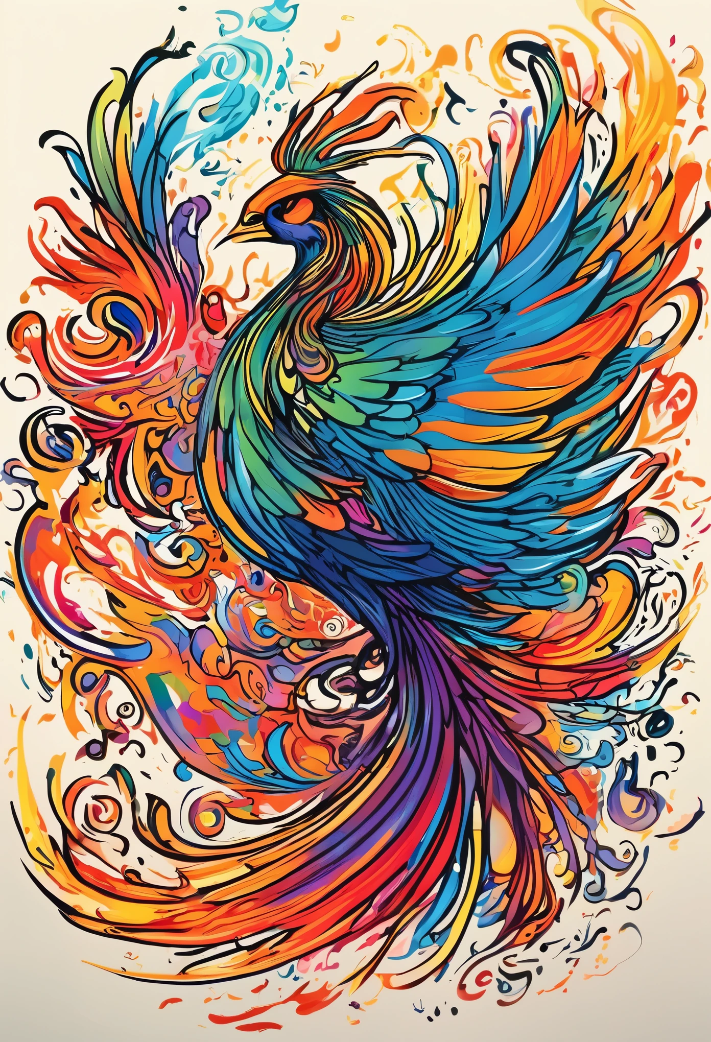 colorful doodle cartoon Phoenix, scribble, ink