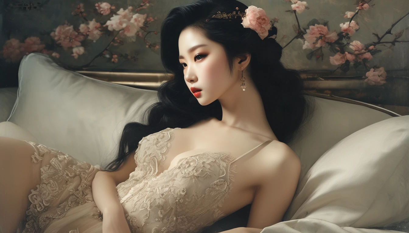 (((ultra realistic))), (((photographic grade))), Two women in lace bra laying on a bed with flowers, long hair, very femenine, detailed face, beautiful face, kissing, erotic, inspired by Yanjun Cheng, yanjun chengt,  painting, inspired by Wang Duo, inspired by Chen Yifei, roberto ferri and ruan jia, girls resting, two models in the frame, two girls, inspired by Fenghua Zhong, inspired by Zhang Xuan, by Dai Xi a close up of a woman with a flower crown on her head, asian features, jinyoung shin, inspired by Yanjun Cheng, traditional art, korean artist, gorgeous chinese model, yanjun chengt, fanart, by Ni Tian, beautiful south korean woman, official artwork, by Wu Bin, wenfei ye, popular south korean makeup, a young asian woman absolutely abstract Retro vintage art print, sexy, glamorous pin-up girl wearing lace lingerie, A painting of a woman wife ((golden ratio}} laying on the sofa after a long night on the town, a painting, a Beautiful expressive painting, malcolm liepke painting, glossy painting, beautiful digital painting, digital art painting, Fine paintings, monochromatic. malcolm liepke oil painting, impressionist painting.Spread your legs apart, beautiful and delicate face, fair skin