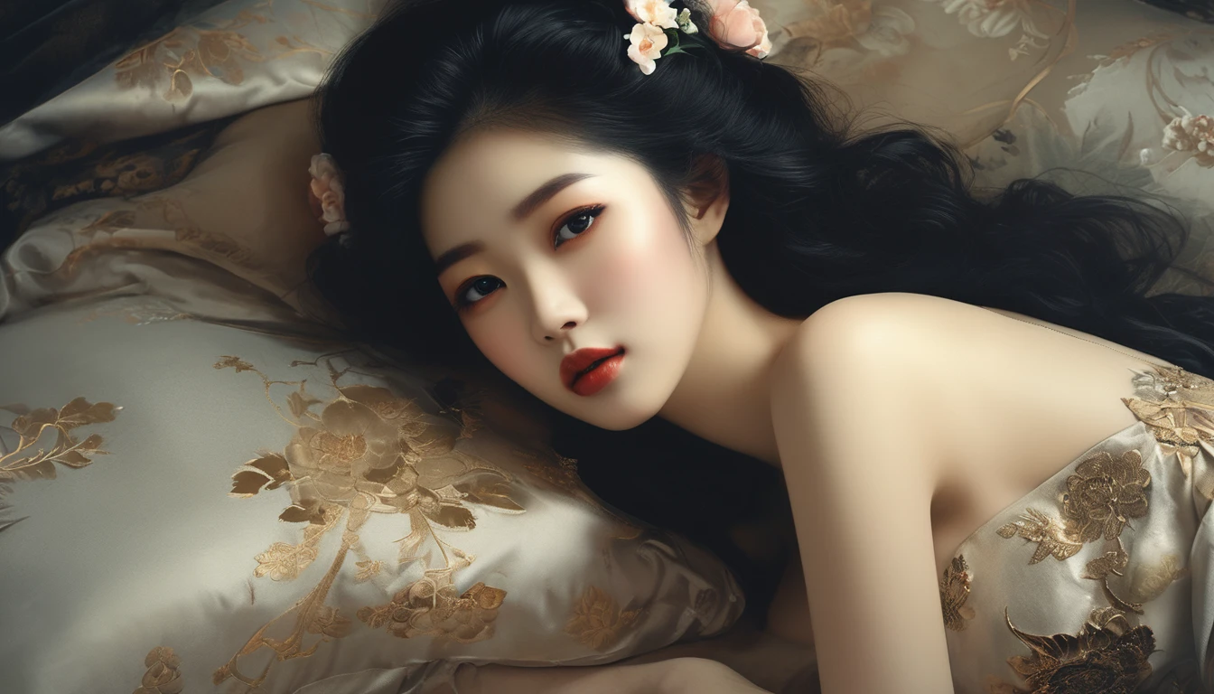 (((ultra realistic))), (((photographic grade))), Two women in lace bra laying on a bed with flowers, long hair, very femenine, detailed face, beautiful face, kissing, erotic, inspired by Yanjun Cheng, yanjun chengt, painting, inspired by Wang Duo, inspired by Chen Yifei, roberto ferri and ruan jia, girls resting, two models in the frame, two girls, inspired by Fenghua Zhong, inspired by Zhang Xuan, by Dai Xi a close up of a woman with a flower crown on her head, asian features, jinyoung shin, inspired by Yanjun Cheng, traditional art, korean artist, gorgeous chinese model, yanjun chengt, fanart, by Ni Tian, beautiful south korean woman, official artwork, by Wu Bin, wenfei ye, popular south korean makeup, a young asian woman absolutely abstract Retro vintage art print, sexy, glamorous pin-up girl wearing lace lingerie, A painting of a woman wife ((golden ratio}} laying on the sofa after a long night on the town, a painting, a Beautiful expressive painting, malcolm liepke painting, glossy painting, beautiful digital painting, digital art painting, Fine paintings, monochromatic. malcolm liepke oil painting, impressionist painting.Spread your legs apart, beautiful and delicate face, fair skin
