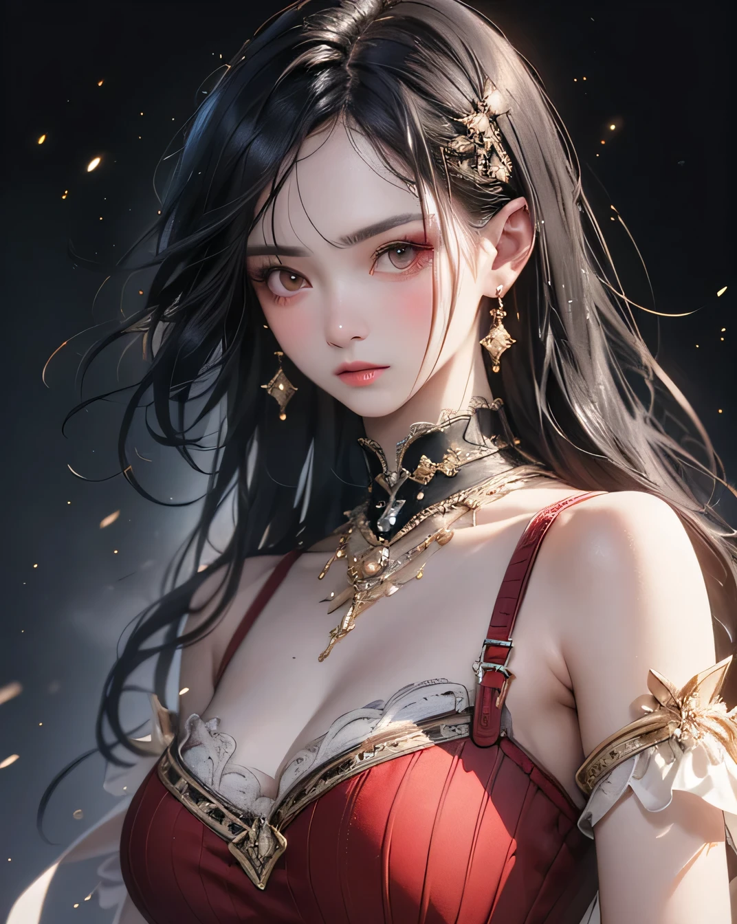 Highest quality, masterpiece, Ultra-high resolution, (Realistic: 1.4), RAW Photos, 1 person, Black Hair, Glowing Skin, (Beautifully detailed face), (Beautiful attention to detail),Dramatic lighting, whole body,, Red dress, huge