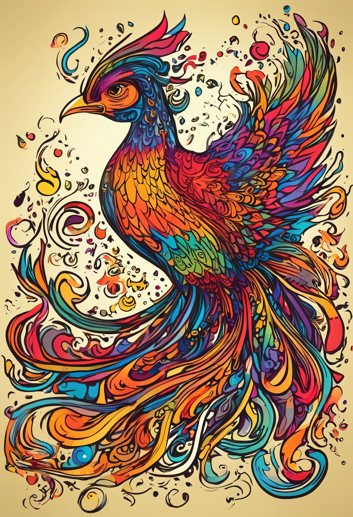 colorful doodle cartoon Phoenix, scribble, ink