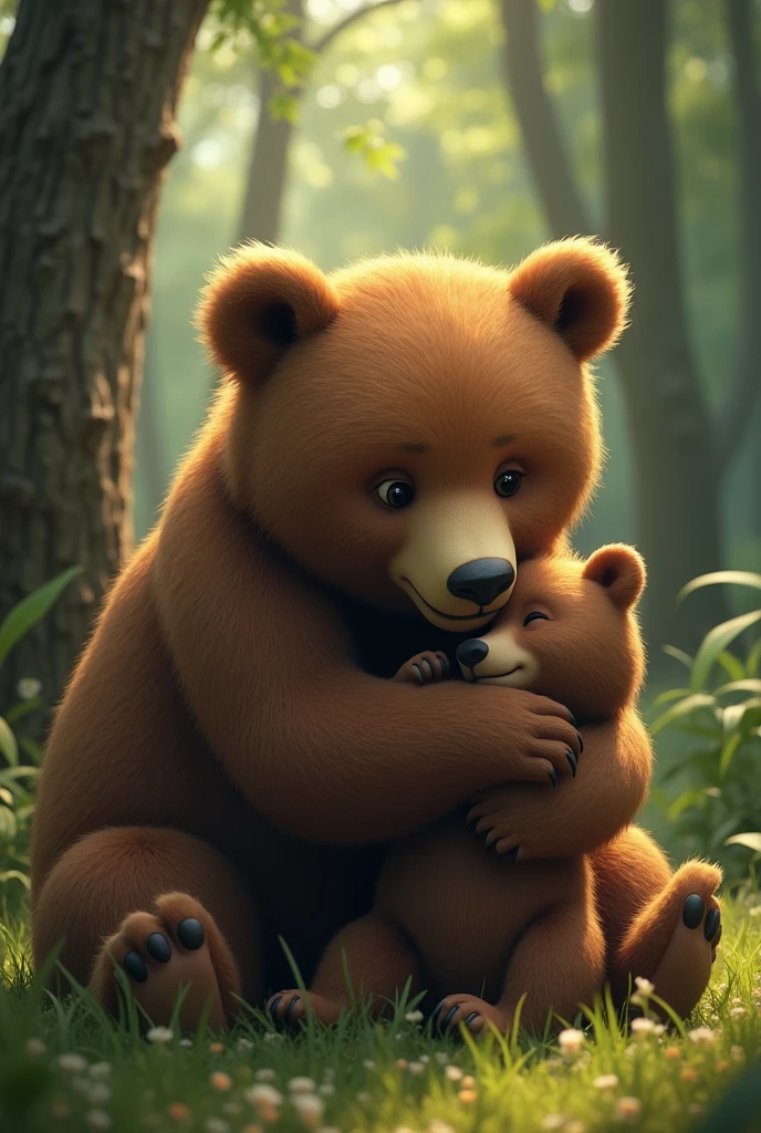 And indeed, the mother bear was anxiously looking for her cub nearby. When she saw her baby, the mother bear ran to hug the baby bear.