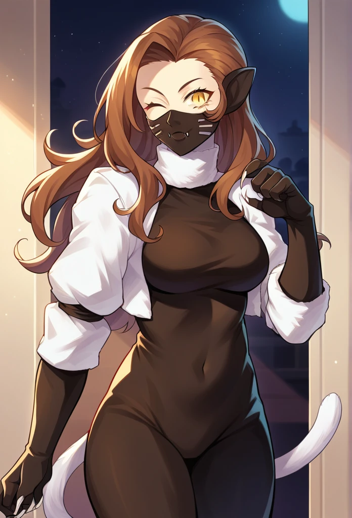 score_9, score_8_up, score_7_up, source_anime BREAK 1girl, solo,
 nekomatasmt, brown hair, long hair, yellow eyes, slit eyes, cat tail, animal ears, claws, face mask, bodysuit, bolero, 
cowboy shot, night club, indoors, dark, dynamic pose, wink